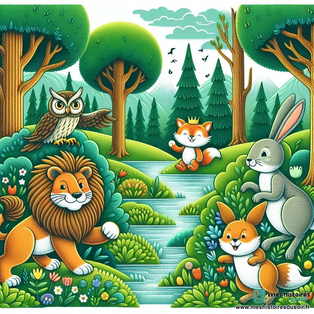 Une illustration destinée aux enfants représentant un renard malicieux, un lion joyeux, une chouette astucieuse, un lapin espiègle et un écureuil vif se cachant et jouant ensemble dans une forêt verdoyante, avec des arbres majestueux, des buissons fleuris et une rivière scintillante.