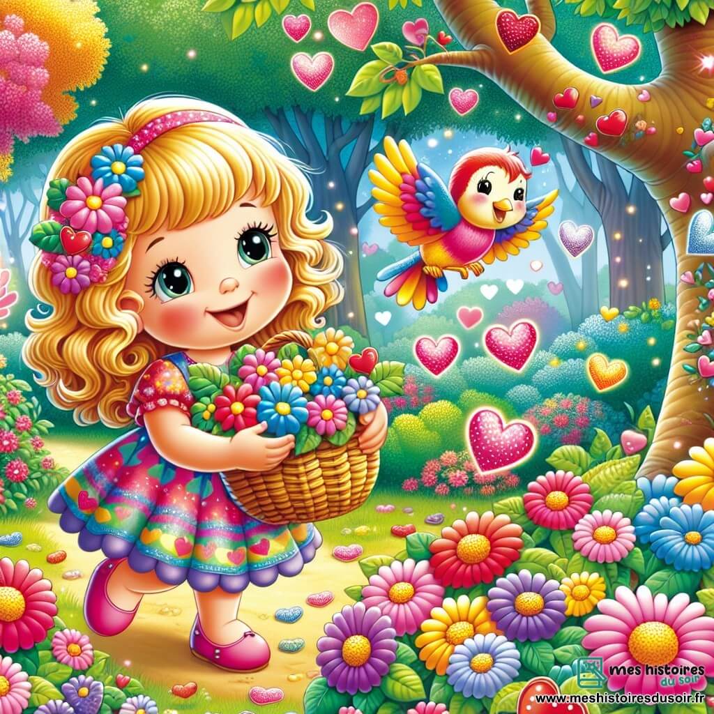 Une illustration sous forme de dessin destinée aux enfants représentant une forêt enchantée, remplie de fleurs en forme de cœur et d'arbres aux couleurs vives, où une petite fille de 5 ans aux cheveux bouclés et dorés, portant une robe colorée, cueille joyeusement des cœurs-fleurs dans son panier, tandis qu'un petit oiseau aux plumes multicolores chante sur une branche, et des papillons en forme de cœur dansent autour d'elle, illustrant la magie de l'amitié et la préparation d'une surprise pour la Saint-Valentin.