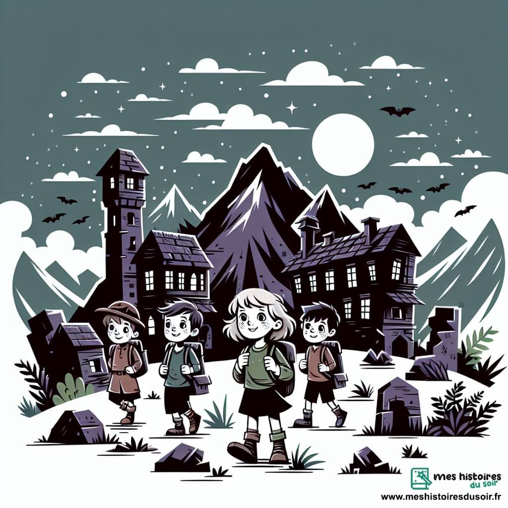 Une illustration destinée aux enfants représentant une petite fille courageuse, accompagnée de ses amis garçons, explorant un village abandonné au sommet d'une montagne, avec des maisons en ruines et des rues désertes, sous un ciel sombre et menaçant.