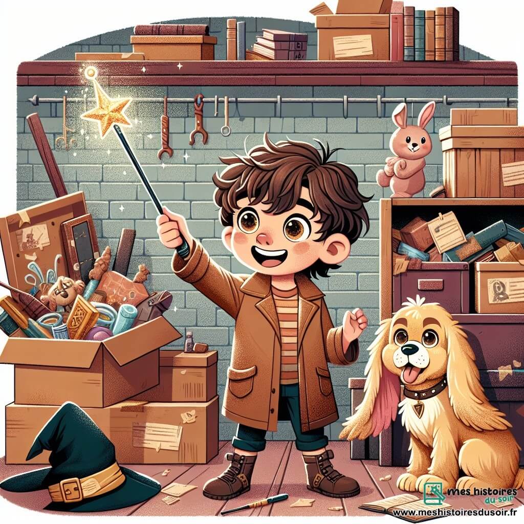 Une illustration sous forme de dessin destinée aux enfants représentant un grenier poussiéreux rempli de vieux jouets et de cartons, où un garçon de 9 ans aux cheveux bruns en bataille et aux yeux pétillants, brandit une baguette magique scintillante avec un air d'excitation, tandis qu'un petit cocker au pelage doré, avec la langue pendante, le regarde avec curiosité, et une peluche en forme de lapin, désormais invisible, est cachée derrière un vieux chapeau de sorcier, capturant l'instant où le garçon découvre le pouvoir de sa baguette magique et réalise les conséquences inattendues de ses sorts.