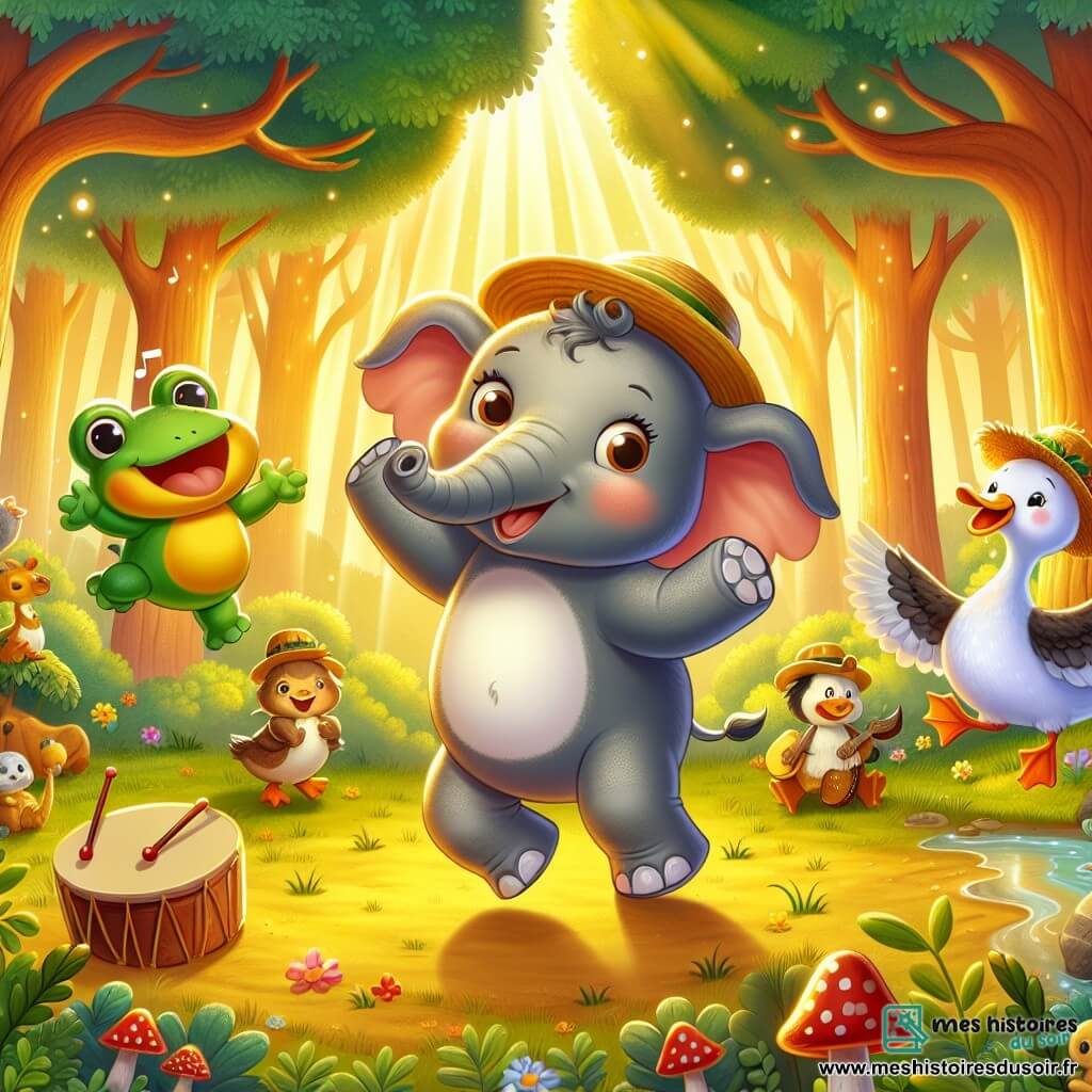 Une illustration sous forme de dessin destinée aux enfants représentant une forêt enchantée baignée de lumière dorée, avec un éléphant joyeux aux grandes oreilles et à la peau grise, dansant avec enthousiasme au milieu d'une clairière, entouré d'une petite grenouille verte sautillante et d'un canard aux plumes brillantes, tandis qu'une vache dansante avec un chapeau de paille s'apprête à donner un concert, le tout rempli de couleurs vives et d'une ambiance festive et amusante.