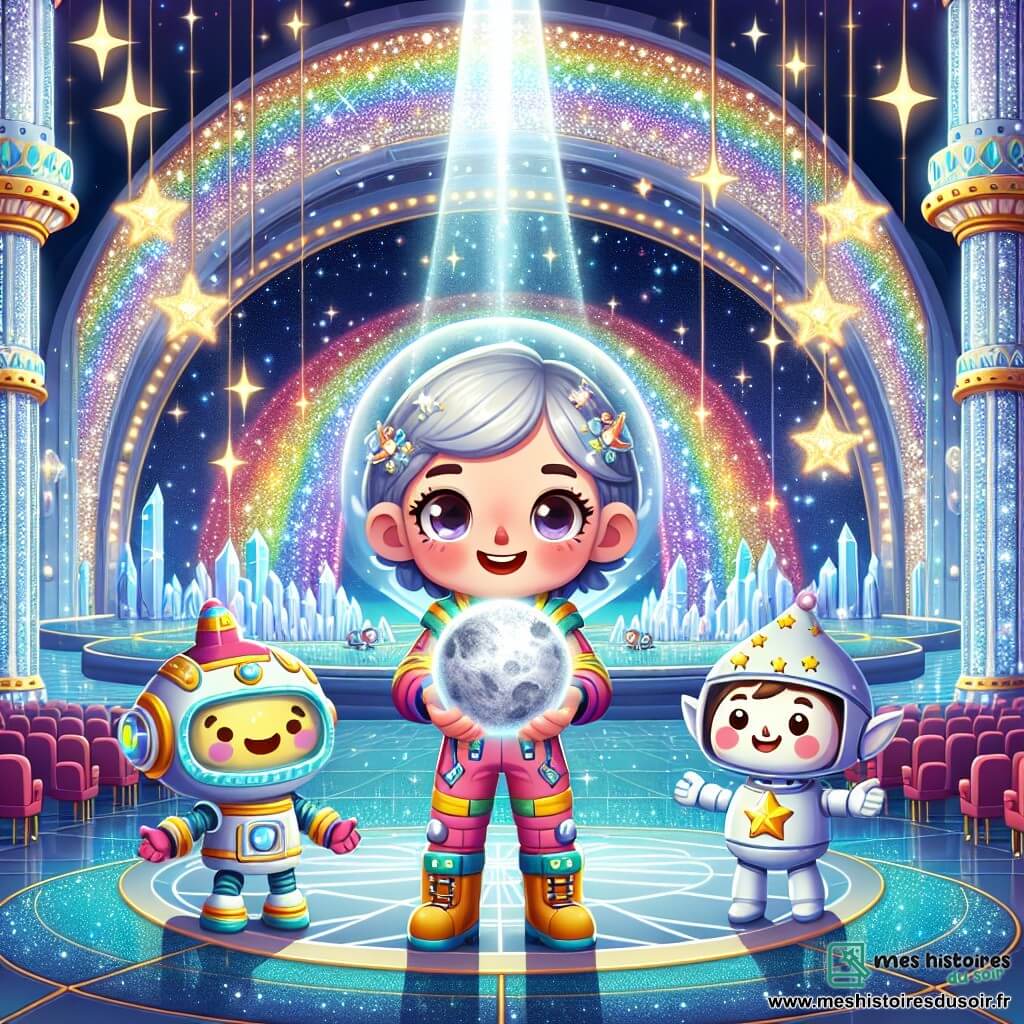 Illustration d'un grand hall scintillant de la station spatiale Étoile Éternelle, avec des murs en cristal illuminés par des fresques magiques et des arc-en-ciel dansants. Au centre, une jeune femme aux cheveux argentés et aux yeux pétillants, dans une combinaison spatiale colorée, tient une lune argentée dans ses bras. À ses côtés, un petit robot clignotant et un elfe spatial aux oreilles pointues et lunettes en forme d'étoile, sourient joyeusement. La jeune femme, entourée d'une aura magique, se prépare à combiner des éléments sur un autel scintillant, d'où émane une douce lumière éblouissante, créant une atmosphère féerique. Des étoiles brillantes flottent autour, ajoutant une touche de magie à la scène.