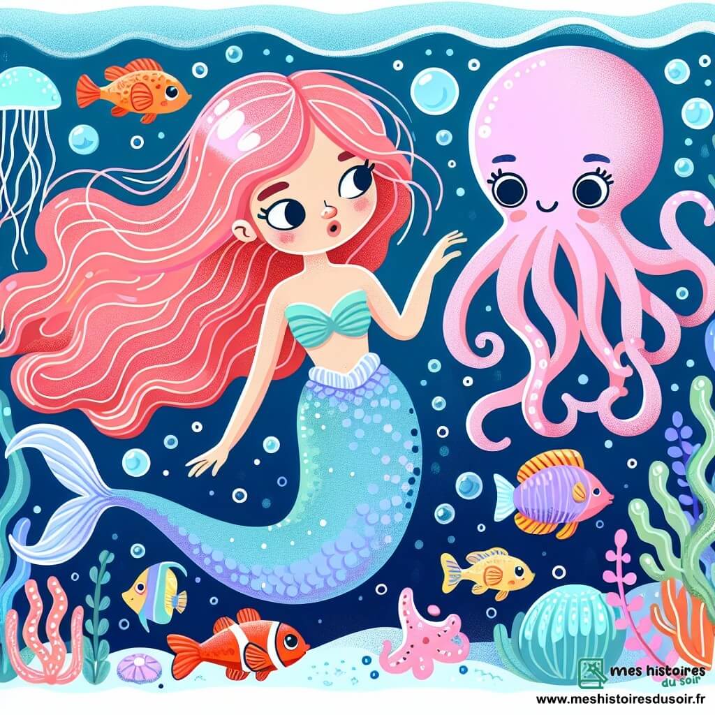 Une illustration destinée aux enfants représentant une sirène aux cheveux couleur corail, faisant face à une pieuvre facétieuse, dans les profondeurs de l'océan bleu azur, avec des poissons multicolores et des méduses scintillantes.