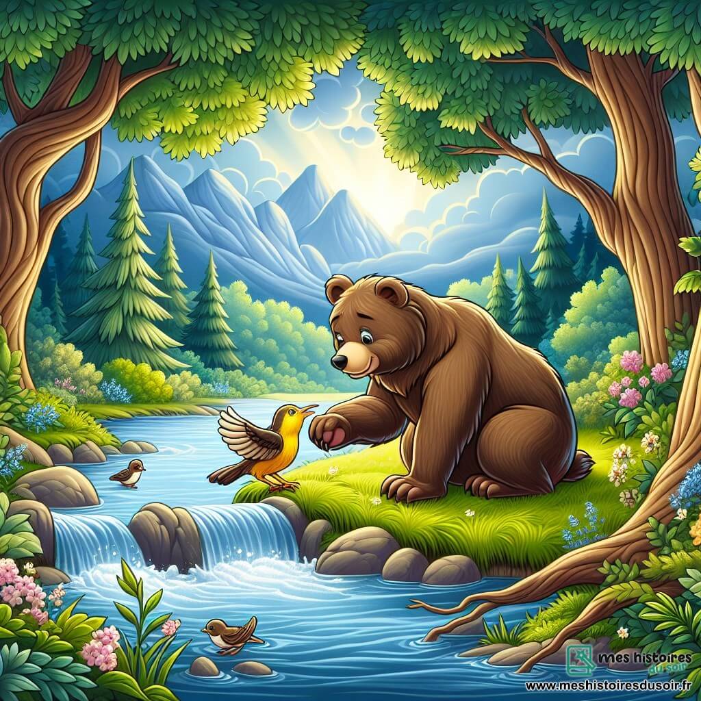 Une illustration destinée aux enfants représentant une ourse douce et bienveillante, une situation d'entraide entre une ourse et un rossignol blessé, dans une forêt paisible aux arbres majestueux et à la rivière scintillante.