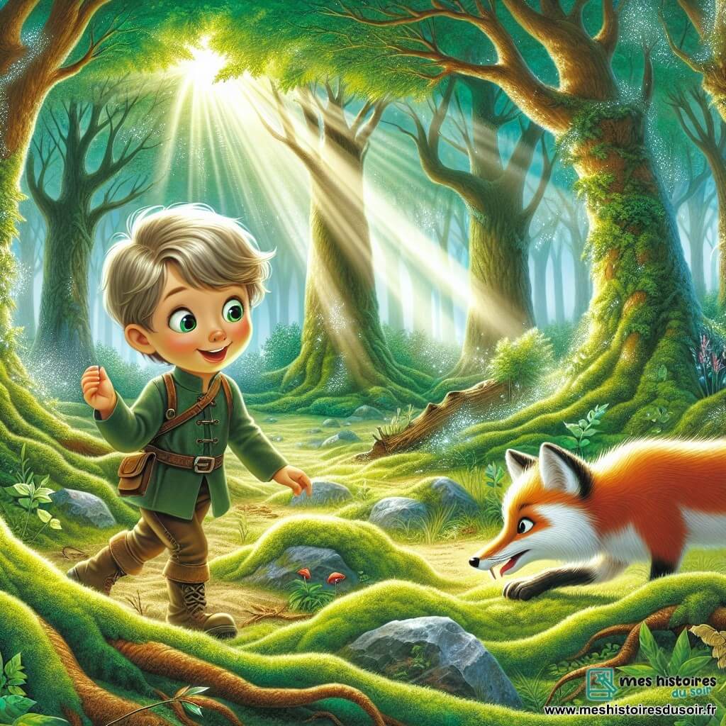 Une illustration destinée aux enfants représentant un jeune garçon aventurier qui découvre un renard polaire affamé dans une forêt enchantée, où les arbres majestueux se dressent fièrement avec leurs feuilles scintillantes et les rayons du soleil filtrent à travers les branches, illuminant le sol recouvert d'une mousse douce et verdoyante.