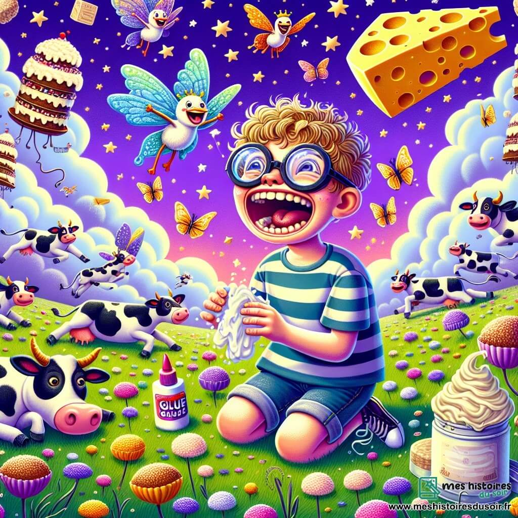 Illustration d'un champ coloré où des vaches volantes dansent sous un ciel violet avec des nuages en guimauve. Au centre, un garçon de 11 ans, cheveux ébouriffés et lunettes rondes, rit aux éclats, tenant un pot de colle scintillant d'une main et essayant d'attraper un fromage géant qui roule, avec un air malicieux. Des papillons multicolores volent autour de lui, tandis qu'un canard en costume de roi, portant une couronne en chocolat, observe la scène avec un sourire amusé. Le fromage doré semble jouer à cache-cache, ajoutant une touche d'absurde à cette scène joyeuse, entourée de fleurs souriantes et de gâteaux géants en arrière-plan, créant une atmosphère ludique et magique.