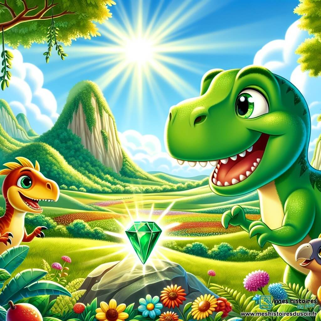 Illustration destinée aux enfants représentant une vaste vallée de la Terresaurie, baignée par un soleil éclatant, avec des arbres géants aux feuilles luxuriantes et des fleurs multicolores qui dansent au gré du vent. Au premier plan, un jeune Tyrannosaure Rex au pelage vert vif, avec de grands yeux curieux et un sourire joyeux, se penche avec enthousiasme vers une pierre précieuse brillante, tandis qu'à ses côtés, une malicieuse Velociraptor aux plumes chatoyantes et un grand Tricératops au regard doux l'observent avec émerveillement. Ensemble, ils découvrent la magie de l'émeraude qui illumine leur aventure, entourés de fruits colorés et d'une atmosphère joyeuse, symbolisant l'amitié et la curiosité.