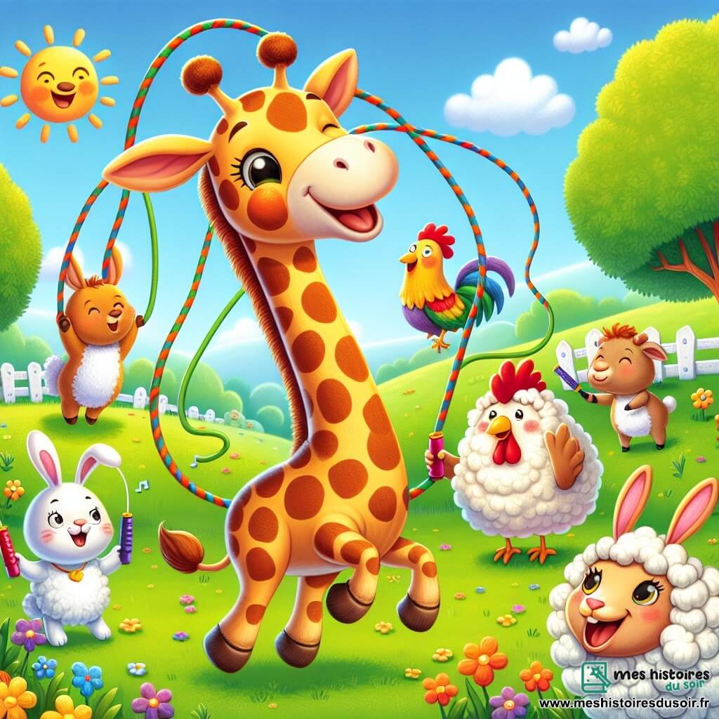 Une illustration sous forme de dessin destinée aux enfants représentant un pré verdoyant et ensoleillé, où une girafe au long cou tacheté de jaune et de brun, avec un air joyeux et espiègle, s'apprête à sauter à la corde en s'entraînant pour un concours, entourée de ses amis : une lapine aux grandes oreilles et au pelage blanc qui rit en grignotant une carotte, un mouton au pelage laineux qui fait des blagues, et un coq coloré qui chante avec enthousiasme, le tout dans une ambiance de fête et de rires, avec des fleurs colorées et des arbres en arrière-plan.