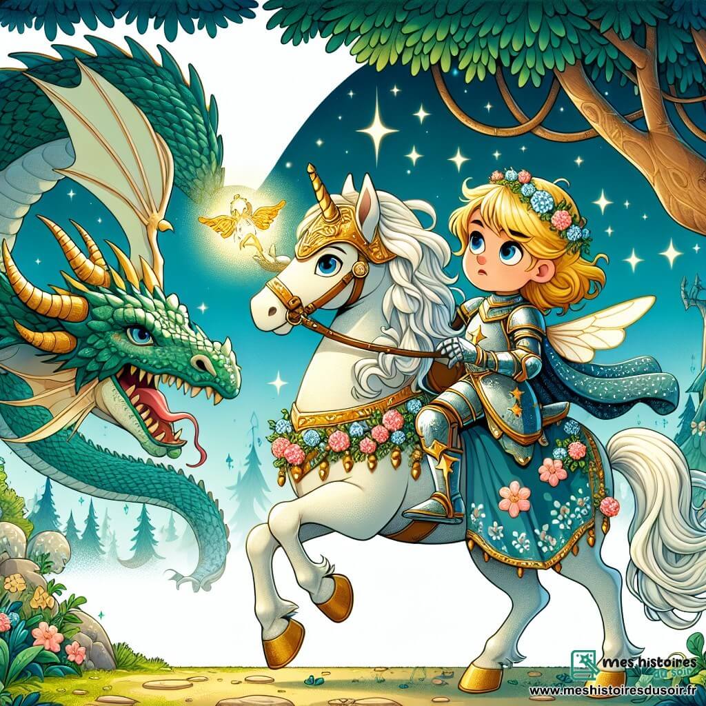 Une illustration sous forme de dessin destinée aux enfants représentant une forêt enchantée, avec une jeune chevaleresse aux cheveux dorés et aux yeux bleus, portant une armure ornée de fleurs et d’étoiles, chevauchant un destrier blanc majestueux, tandis qu'un grand dragon aux écailles vertes et scintillantes vole au-dessus d'elle, le tout dans une atmosphère magique où la chevaleresse se prépare à affronter un défi pour sauver son royaume en tenant une pierre lumineuse dans sa main.