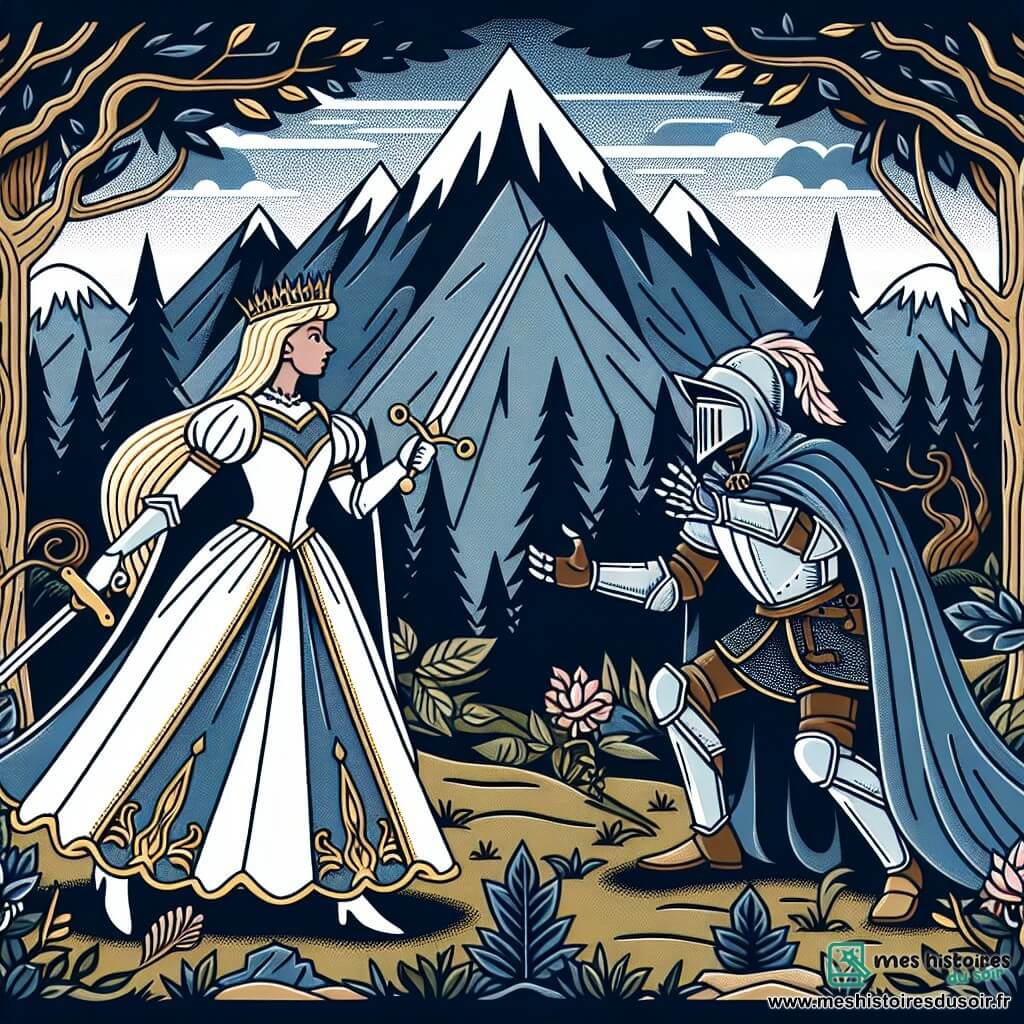 Une illustration destinée aux enfants représentant une chevalière courageuse affrontant un sorcier maléfique pour sauver une princesse prisonnière, dans un royaume lointain aux montagnes escarpées et aux forêts sombres.
