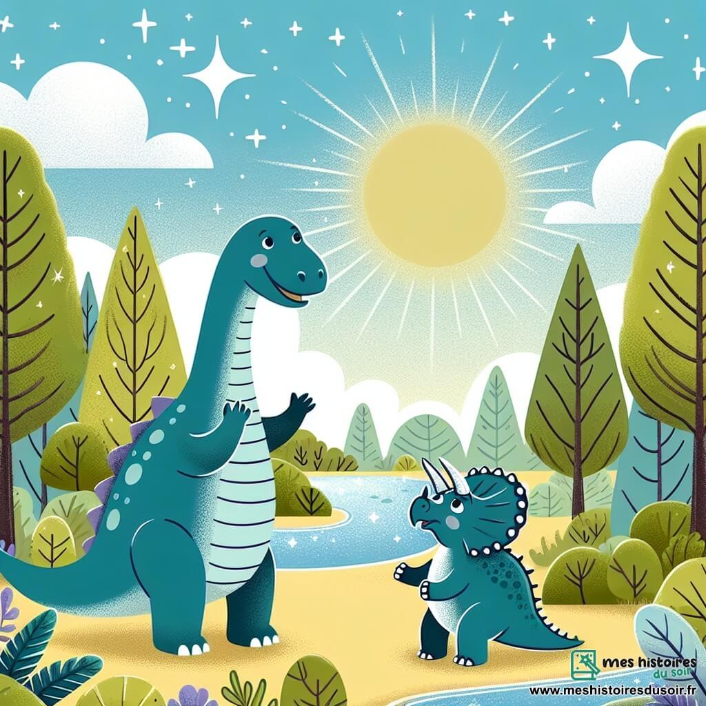 Une illustration destinée aux enfants représentant une grande Diplodocus, majestueuse et bienveillante, accompagnée d'un Tricératops inquiet, dans une forêt préhistorique luxuriante avec des arbres géants et une rivière scintillante sous un soleil préhistorique.