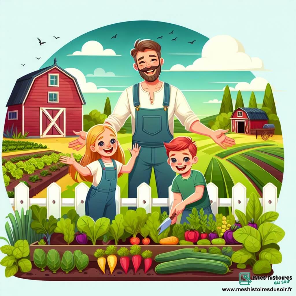 Une illustration destinée aux enfants représentant un homme passionné par son métier d'agriculteur, accompagné d'une fille et d'un garçon joyeux, travaillant ensemble dans une ferme pittoresque entourée de champs verdoyants, d'une étable accueillante et d'un potager coloré.