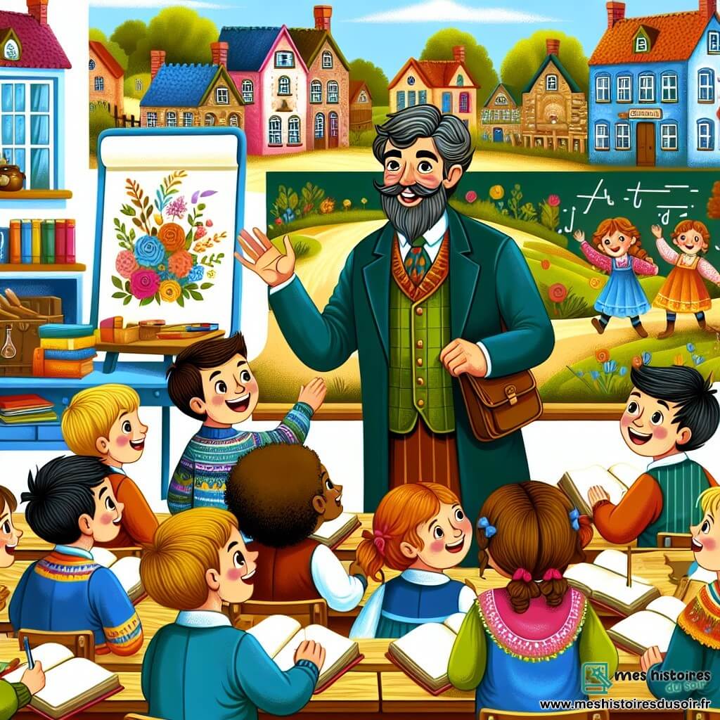 Une illustration destinée aux enfants représentant un instituteur joyeux et bienveillant (garçon), ses élèves excités et curieux (garçons et filles), dans une classe colorée et accueillante, remplie de livres, de tableaux et de matériel pédagogique, au cœur d'un petit village au milieu de la campagne.