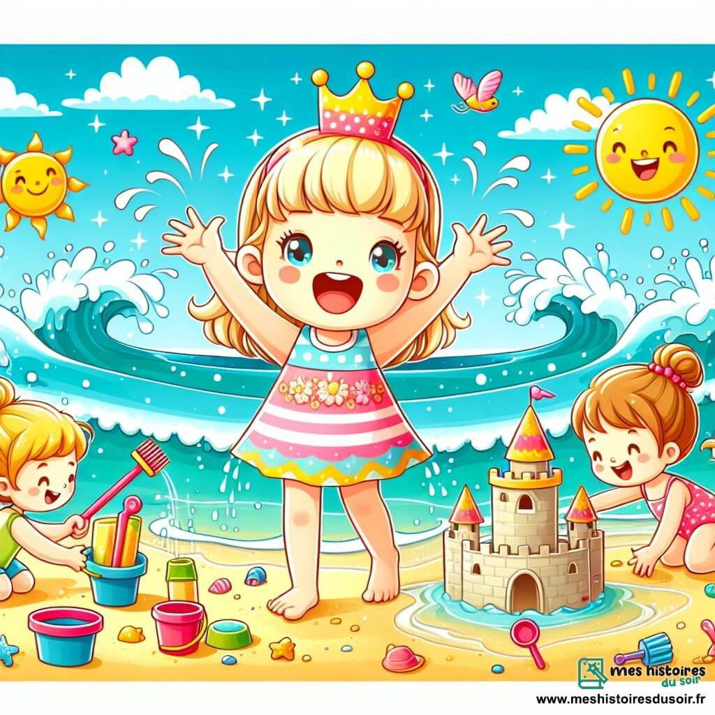 Une illustration destinée aux enfants représentant une petite fille pleine d'énergie passant une journée joyeuse à la plage avec ses amis, construisant des châteaux de sable et se baignant dans l'eau turquoise, sous un ciel bleu et un soleil éclatant.