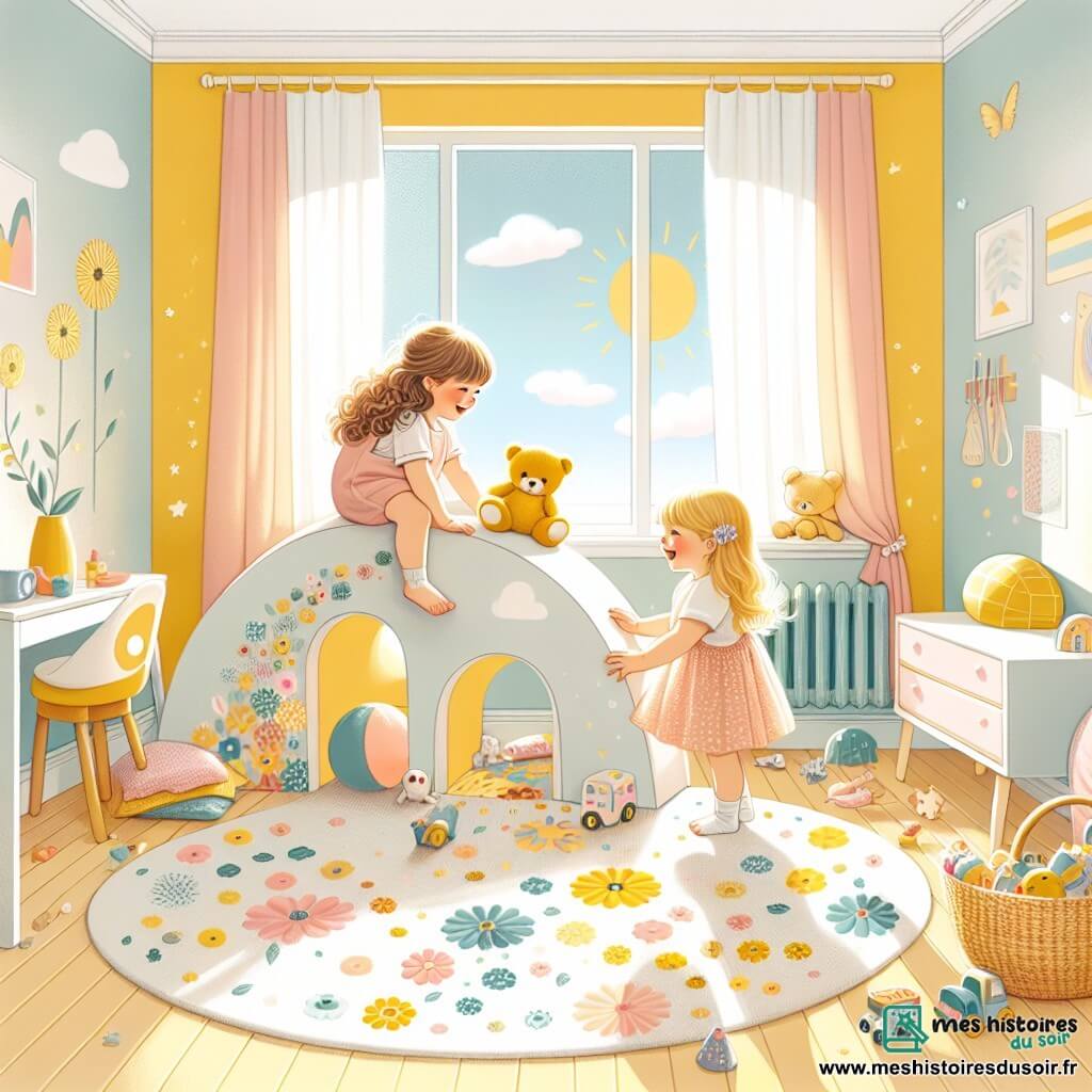 Illustration d'un salon lumineux et coloré avec un grand tapis moelleux aux motifs floraux. Les murs sont peints en jaune pastel et de grandes fenêtres laissent entrer la lumière du soleil. Deux petites filles, l'une aux cheveux bruns et bouclés en robe rose, l'autre aux cheveux blonds et lisses en robe bleue, grimpent sur un coussin ressemblant à une montagne. Elles sourient et ont les yeux pétillants d'excitation. La scène montre les deux aventurières riant ensemble, avec un nounours en peluche à côté d'elles, comme un trésor découvert. Des jouets colorés sont éparpillés autour, ajoutant une touche de magie à leur aventure. En arrière-plan, un panier rempli de jouets et une table basse formant un petit pont symbolisent leur exploration ludique. L'atmosphère est joyeuse et pleine de vie, capturant l'esprit d'aventure et d'amitié des deux petites filles.