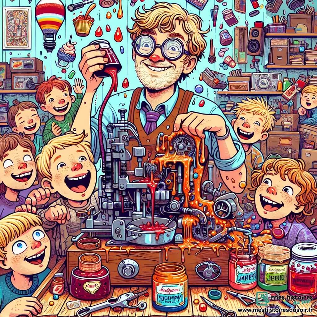Une illustration sous forme de dessin destinée aux enfants représentant un garage coloré et chaotique rempli de bric-à-brac, où un homme aux lunettes rondes, avec des cheveux ébouriffés et un sourire éclatant, s'affaire à ajuster une machine farfelue qui projette des éclats de confiture dans les airs, tandis qu'un groupe d'enfants, garçons et filles aux visages émerveillés et riants, courent autour de lui, tentant d'attraper les gobelets de confiture qui tombent comme une pluie sucrée, créant une ambiance joyeuse et ludique.