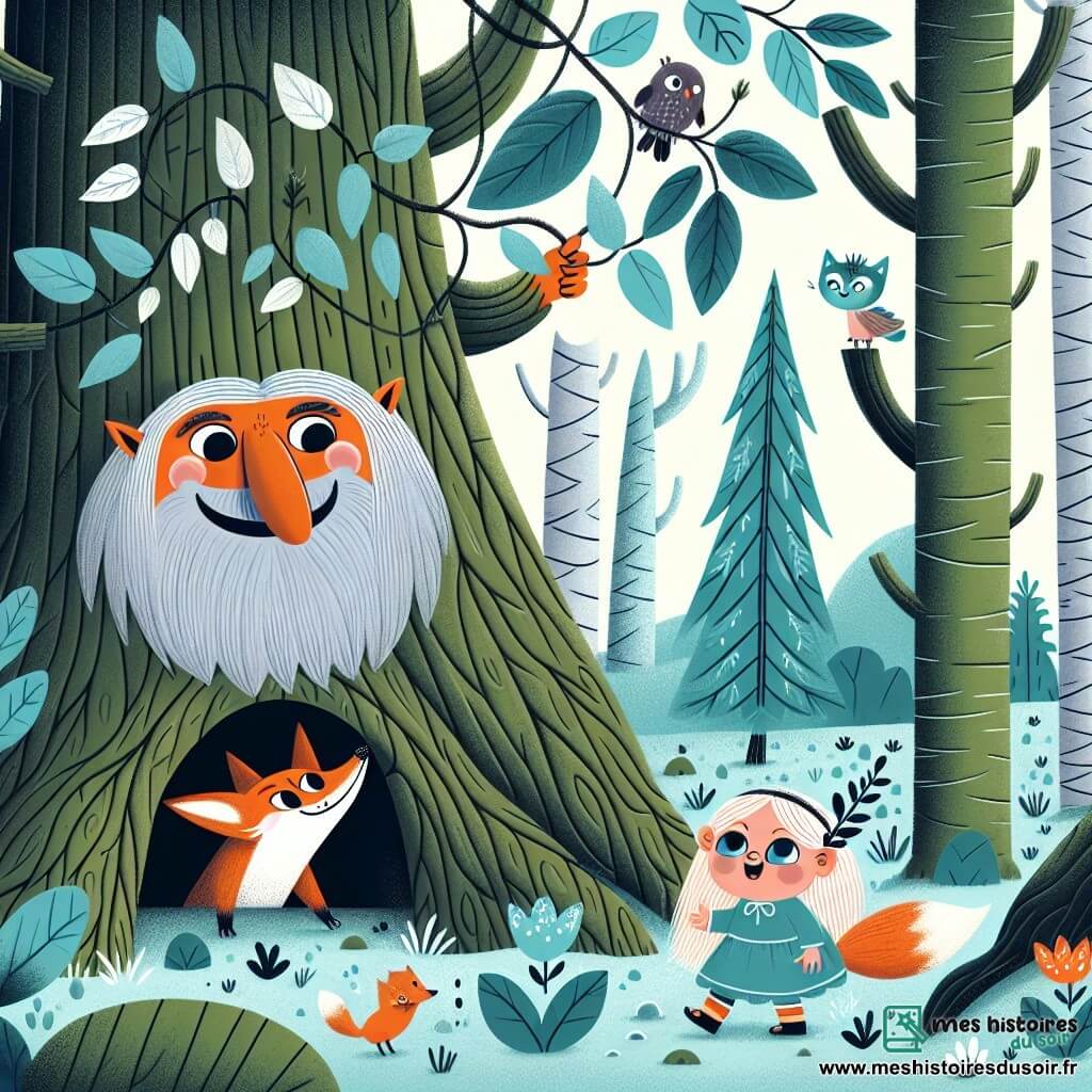 Une illustration destinée aux enfants représentant un troll au grand cœur, une petite fille curieuse et un renard espiègle découvrant une grotte cachée par des plantes grimpantes dans la Forêt Enchantée, remplie d'arbres immenses aux feuilles argentées et d'oiseaux chantant des mélodies joyeuses.