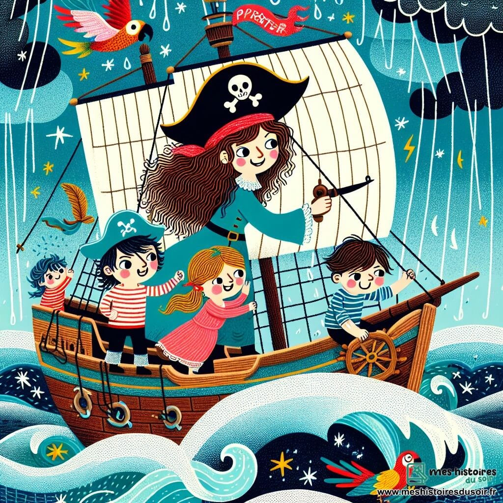 Une illustration sous forme de dessin destinée aux enfants représentant un navire pirate voguant sur une mer bleue et scintillante, avec une femme pirate courageuse aux longs cheveux bouclés, portant un chapeau noir orné d'une plume rouge, tenant fermement la barre du bateau, tandis qu'un garçon matelot aux yeux rieurs s'affaire à nouer des cordes et une fille navigatrice aux cheveux dorés consulte une carte maritime, tous trois faisant face à une tempête menaçante avec des vagues déchaînées, tandis qu'un petit perroquet coloré vole autour d'eux en chantant des encouragements, capturant ainsi l'esprit d'aventure et de camaraderie de leur quête.