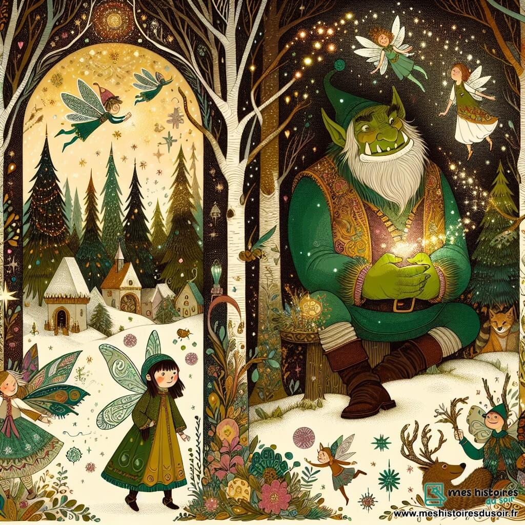 Une illustration destinée aux enfants représentant un ogre au cœur tendre, une petite fille courageuse, une Forêt Enchantée peuplée de fées aux ailes scintillantes et de lutins farceurs.