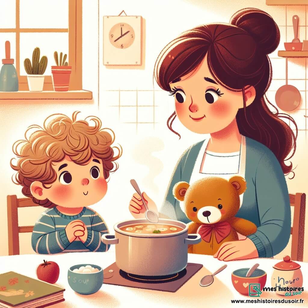 Une illustration sous forme de dessin destinée aux enfants représentant une cuisine chaleureuse et ensoleillée, où un petit garçon de 3 ans aux cheveux bouclés et aux joues roses, assis sur une chaise, regarde avec un sourire timide sa maman, une femme douce aux cheveux châtains, qui prépare une soupe dans une grande casserole, tandis qu'un doudou en peluche, un ours nommé Nounours, est blotti sur la table, symbolisant le réconfort et l'amour pendant qu'ils parlent de la petite maladie du garçon et de son désir de jouer au parc avec ses amis.