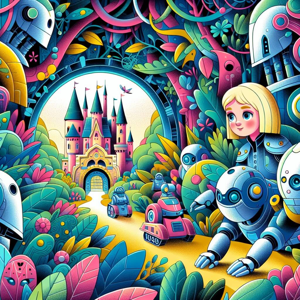 Une illustration destinée aux enfants représentant une jeune fille au doux visage, entourée de robots futuristes, découvrant un château enchanté caché au milieu d'une nature luxuriante et colorée.