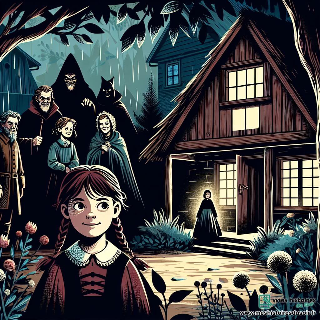 Une illustration destinée aux enfants représentant une jeune fille au destin bouleversé, entourée de sa belle-famille méchante, dans une chaumière sombre et rustique au bord de la forêt enchantée.