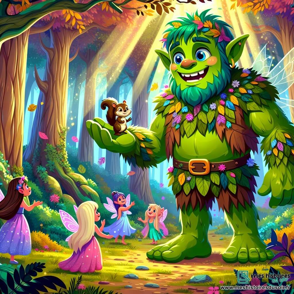 Illustration d'une clairière enchantée au cœur d'une forêt magique, entourée d'arbres géants aux feuilles multicolores brillantes sous le soleil. Au centre, un ogre au teint vert éclatant, avec de grands yeux azur pétillants de curiosité, se tient debout, un sourire chaleureux. Il est grand et musclé, vêtu d'une tunique en feuilles et fleurs, tendant la main pour aider un petit écureuil coincé dans un buisson épineux. À proximité, un groupe de fées aux ailes scintillantes virevolte autour de lui, leurs robes colorées flottant dans l'air. L'une d'elles, avec des cheveux dorés et une robe rose, admire l'ogre, tandis qu'une autre, aux cheveux argentés et vêtue de bleu, pointe l'écureuil en détresse. La scène dégage une atmosphère de magie et de camaraderie, avec des rayons de lumière filtrant à travers les branches, illuminant les visages joyeux. Des fleurs colorées et des champignons étranges parsèment le sol, ajoutant à la beauté féerique de la clairière.