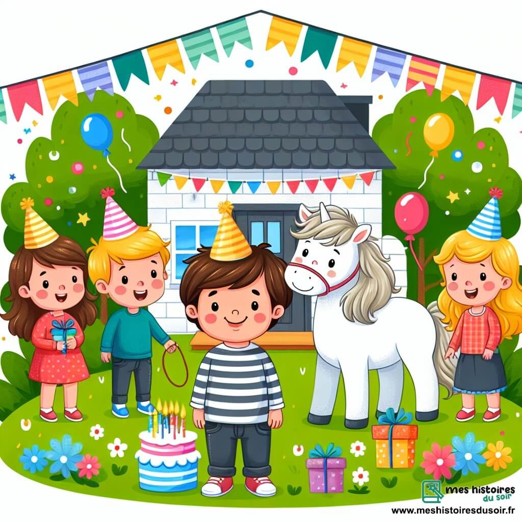 Une illustration destinée aux enfants représentant un petit garçon tout sourire le jour de son anniversaire, entouré de ses amis et d'un poney blanc, dans le jardin coloré et festif de sa maison.