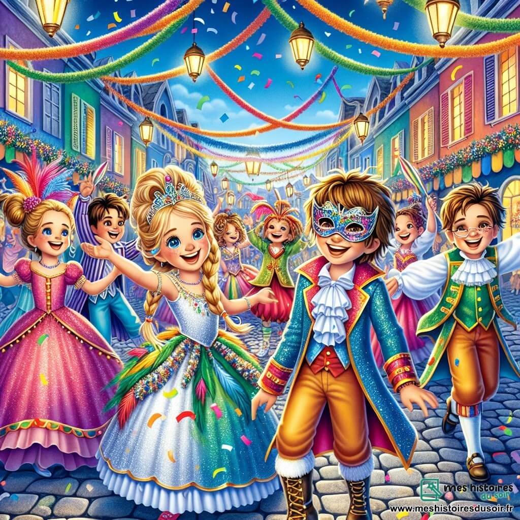 Illustration destinée aux enfants représentant une scène vibrante du carnaval dans une ville colorée, avec des rues pavées ornées de guirlandes multicolores et de lanternes scintillantes, où des enfants de 11 ans, vêtus de costumes flamboyants, dansent joyeusement sous un ciel bleu éclatant. Au premier plan, un garçon aux cheveux bruns en bataille, portant un masque orné de plumes et de paillettes, mène le groupe avec un sourire radieux, tandis qu'une fille aux cheveux blonds tressés, habillée d'une robe de princesse scintillante, lève les bras en riant. En arrière-plan, d'autres enfants, un garçon aux lunettes et une fille aux tresses colorées, s'amusent à jongler avec des balles et à danser, créant une atmosphère de fête et de magie. Des confettis volent dans l'air, ajoutant à la joie et à l'excitation de ce moment festif.
