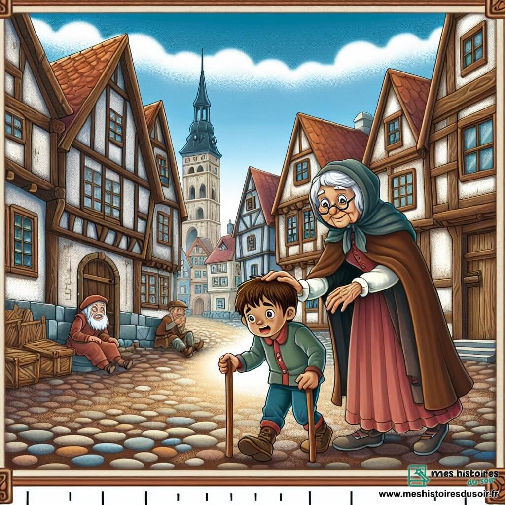Une illustration destinée aux enfants représentant un garçon curieux se retrouvant accidentellement transporté dans le passé, aidé par une vieille dame sage, dans un village médiéval aux rues pavées et aux maisons à colombages.
