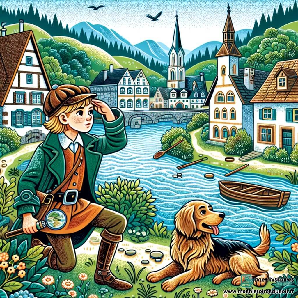 Une illustration destinée aux enfants représentant une petite fille intrépide, accompagnée de son fidèle ami, enquêtant sur la mystérieuse disparition d'un vieil homme, dans un village pittoresque bordé d'une rivière scintillante et entouré de collines verdoyantes.