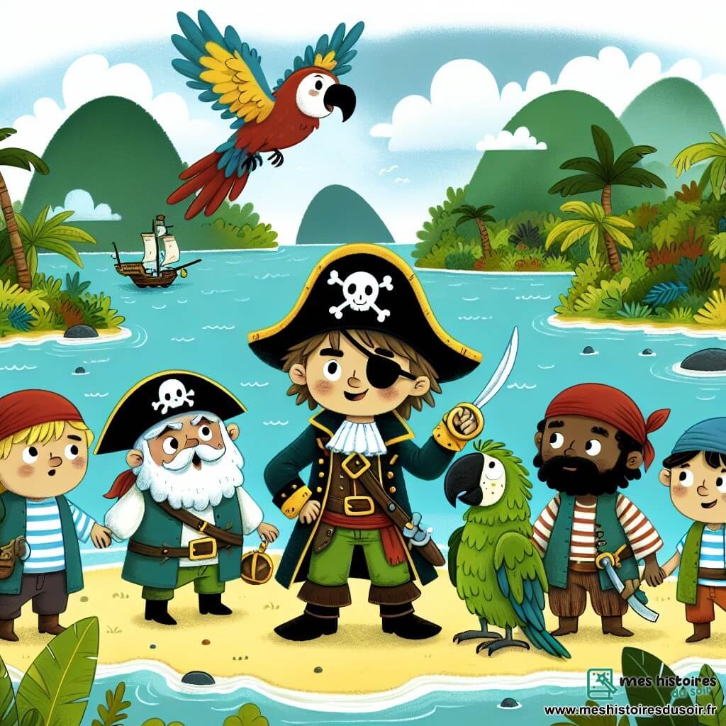 Une illustration destinée aux enfants représentant un courageux capitaine pirate, entouré de son fidèle équipage et de leur perroquet malicieux, explorant une île mystérieuse aux jungles luxuriantes et aux côtes escarpées, en quête d'un trésor légendaire.