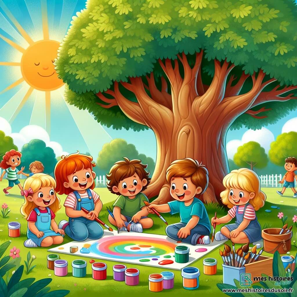 Une illustration sous forme de dessin destinée aux enfants représentant un parc ensoleillé avec un grand chêne au centre, où un groupe de trois enfants de 7 ans, deux garçons aux cheveux bruns et une fille aux cheveux blonds, sont assis sur l'herbe, entourés de pinceaux et de pots de peinture colorée, en train de peindre une grande fresque joyeuse sur une toile blanche, tandis que d'autres enfants s'approchent curieux pour admirer leur œuvre, créant une atmosphère de camaraderie et de créativité estivale.