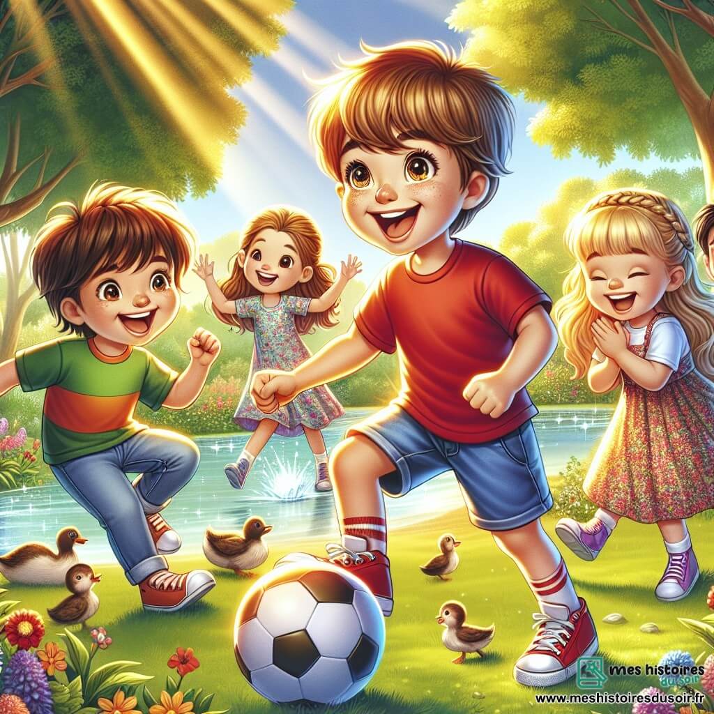 Illustration destinée aux enfants représentant un groupe d'enfants de 9 ans jouant ensemble dans un parc ensoleillé, entouré d'arbres verdoyants et de fleurs colorées. Au centre, un garçon aux cheveux bruns et aux yeux pétillants, portant un t-shirt rouge et des baskets brillantes, dribble un ballon de football avec enthousiasme, tandis qu'un autre garçon, plus petit, avec des lunettes et un sourire malicieux, s'apprête à tirer. À proximité, une fille aux cheveux blonds tressés, vêtue d'une robe à fleurs, applaudit et encourage ses amis. L'atmosphère est joyeuse et dynamique, avec des rires et des cris d'excitation résonnant dans l'air, tandis qu'un petit lac scintille au loin, où des canards nagent paisiblement.