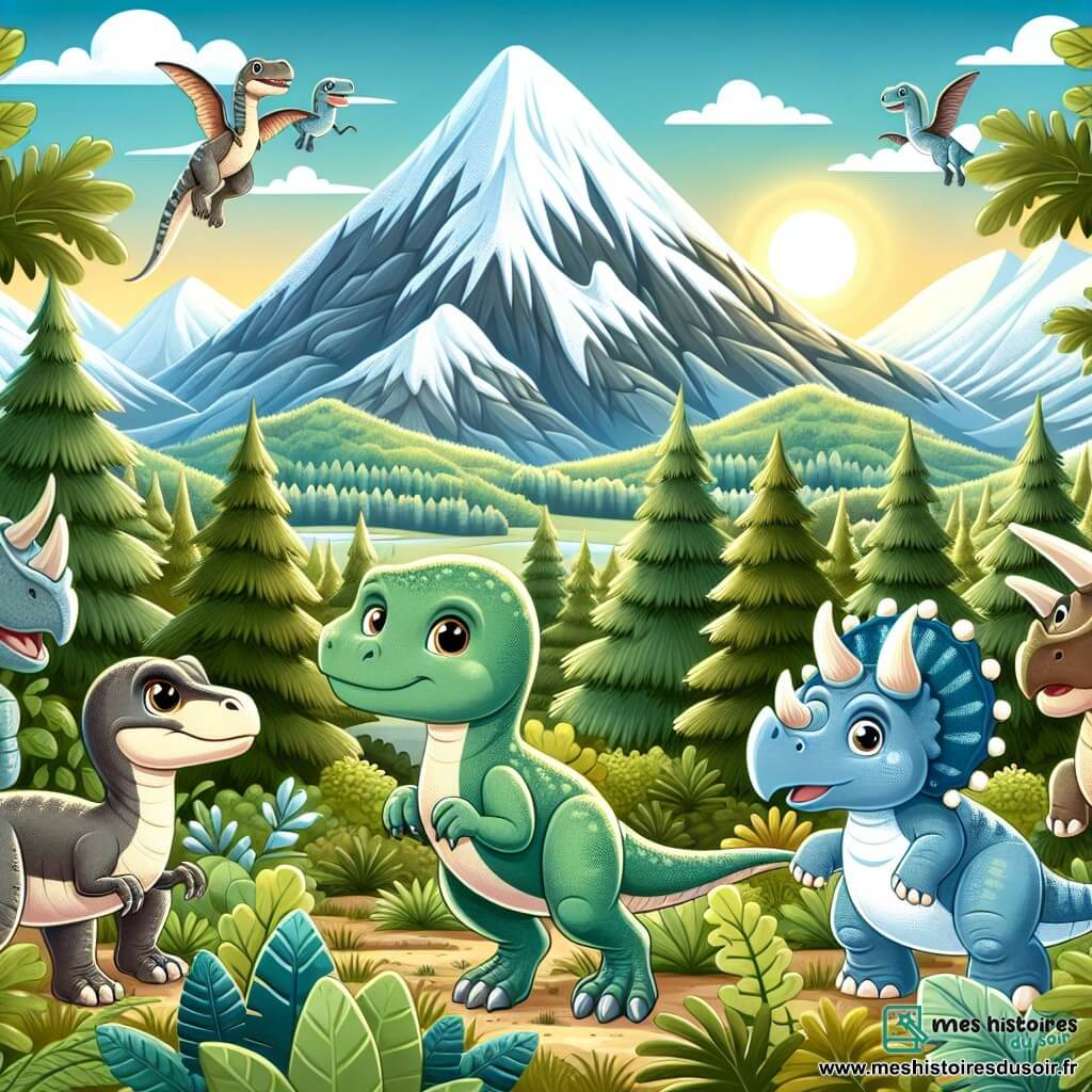 Une illustration destinée aux enfants représentant un vélociraptor curieux et intrépide, une montagne majestueuse aux sommets enneigés, accompagné de ses amis dinosaures, dont un tricératops jovial, évoluant dans une forêt dense de la préhistoire.