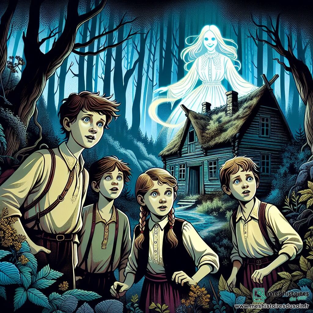 Une illustration sous forme de dessin destinée aux enfants représentant une clairière mystérieuse au cœur d'une forêt sombre, où un groupe de quatre enfants de 11 ans, deux garçons aux cheveux ébouriffés et une fille aux tresses, se tient devant une vieille maison en ruines, leurs visages marqués par l'excitation et un brin de peur, tandis qu'un esprit éthéré, une silhouette féminine flottante vêtue d'une robe blanche, les observe avec un sourire bienveillant, créant une ambiance à la fois intrigante et légèrement effrayante, avec des arbres majestueux aux branches tordues et des ombres dansantes autour d'eux.