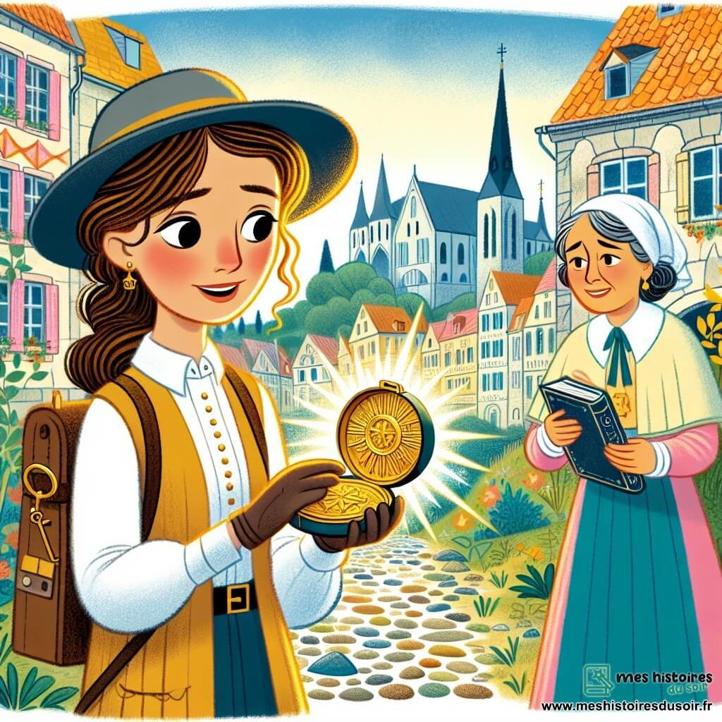 Une illustration destinée aux enfants représentant une jeune fille archéologue passionnée découvrant un mystérieux médaillon en or, accompagnée d'une bibliothécaire bienveillante, dans une petite ville pittoresque aux maisons colorées et aux rues pavées de Saint-Pierre.