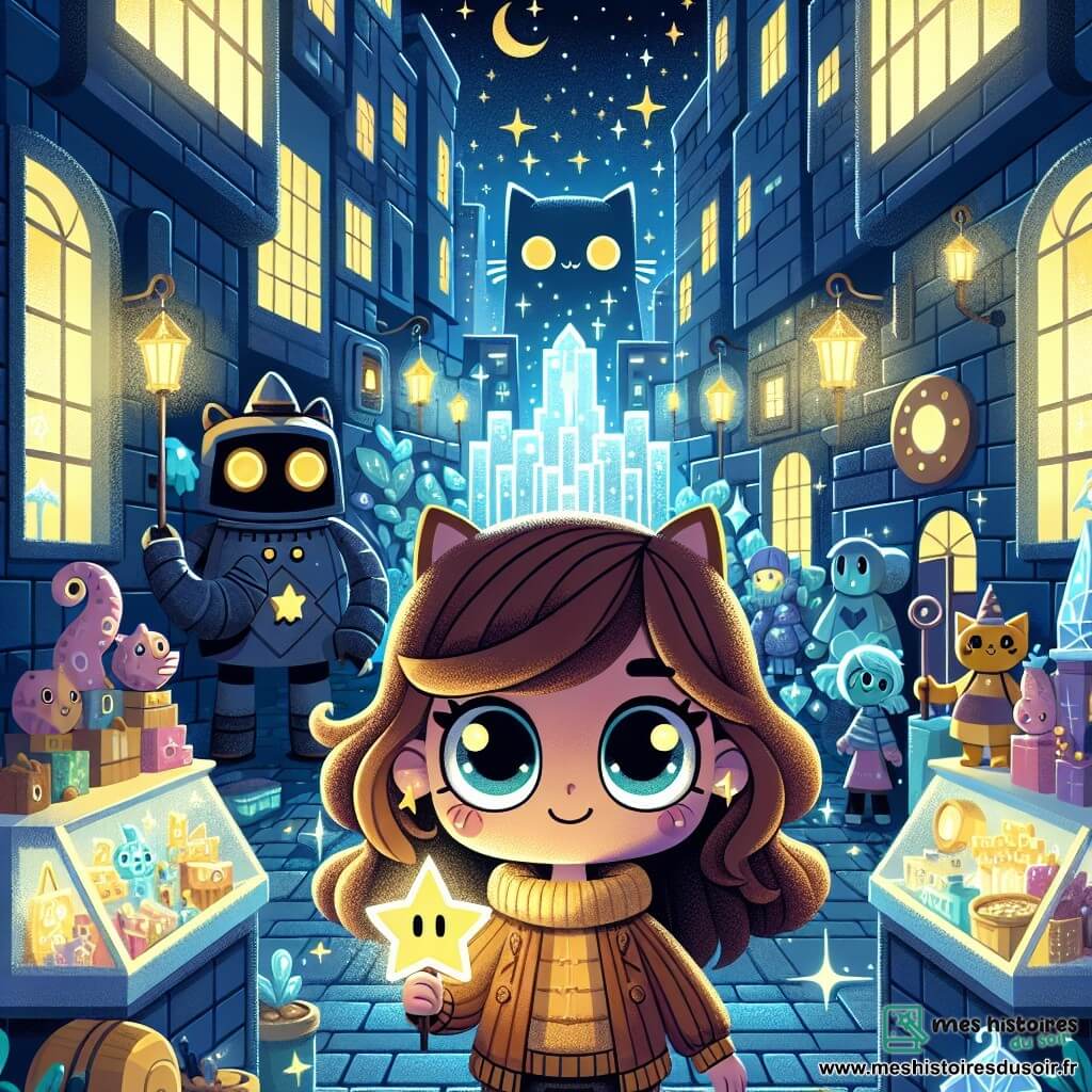 Une illustration sous forme de dessin destinée aux enfants représentant une ruelle animée de Lumiville, où des bâtiments en cristal scintillent sous la lumière des étoiles, avec une fille de 9 ans aux cheveux châtains en bataille et aux grands yeux curieux, tenant une clé en forme d'étoile, entourée de créatures fantastiques comme un chat-robot aux yeux dorés qui vend des objets magiques, alors qu'elle se prépare à entrer dans un mystérieux labyrinthe lumineux, symbolisant son aventure pour retrouver l'Étoile Magique volée par un sorcier des ombres.