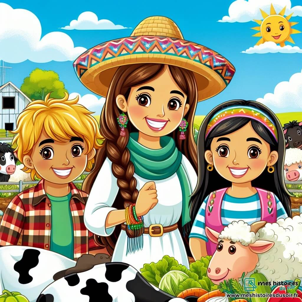 Une illustration destinée aux enfants représentant une femme dynamique et joyeuse, accompagnée d'un garçon blond et d'une fille aux longs cheveux bruns, dans une ferme ensoleillée avec des vaches, des cochons, des moutons et un magnifique potager.