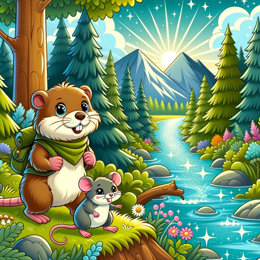 Une illustration destinée aux enfants représentant une marmotte aventureuse, accompagnée d'une souris, dans une forêt luxuriante où se trouve un magnifique fleuve scintillant.