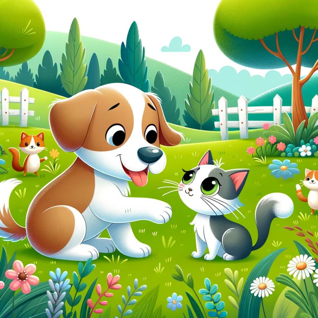 Une illustration destinée aux enfants représentant un adorable chien, vivant dans un champ verdoyant, qui fait la rencontre d'une élégante petite chatte nommée Mimi.