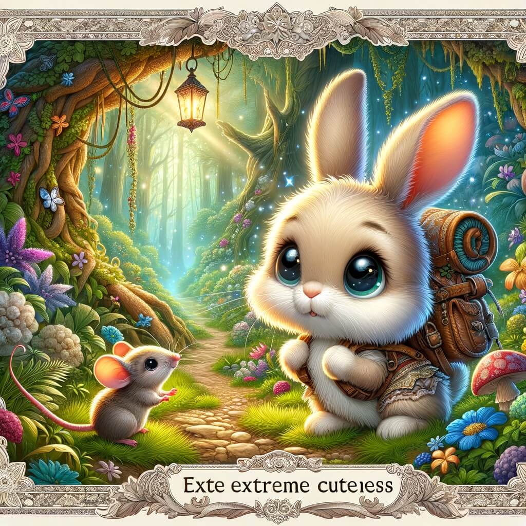 Une illustration destinée aux enfants représentant un adorable lapin aventurier, perdu dans une dense forêt enchantée, faisant la rencontre d'une souris bienveillante, tout en cherchant son chemin pour rentrer chez lui.