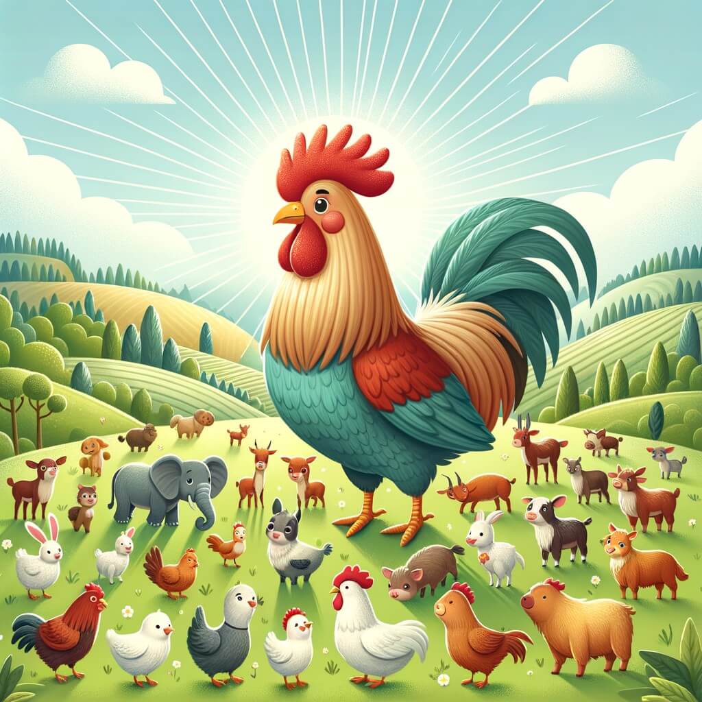 Une illustration destinée aux enfants représentant un fier coq au plumage flamboyant, entouré de nombreux animaux curieux, dans une ferme verdoyante bordée de collines vallonnées et baignée par un doux rayon de soleil.