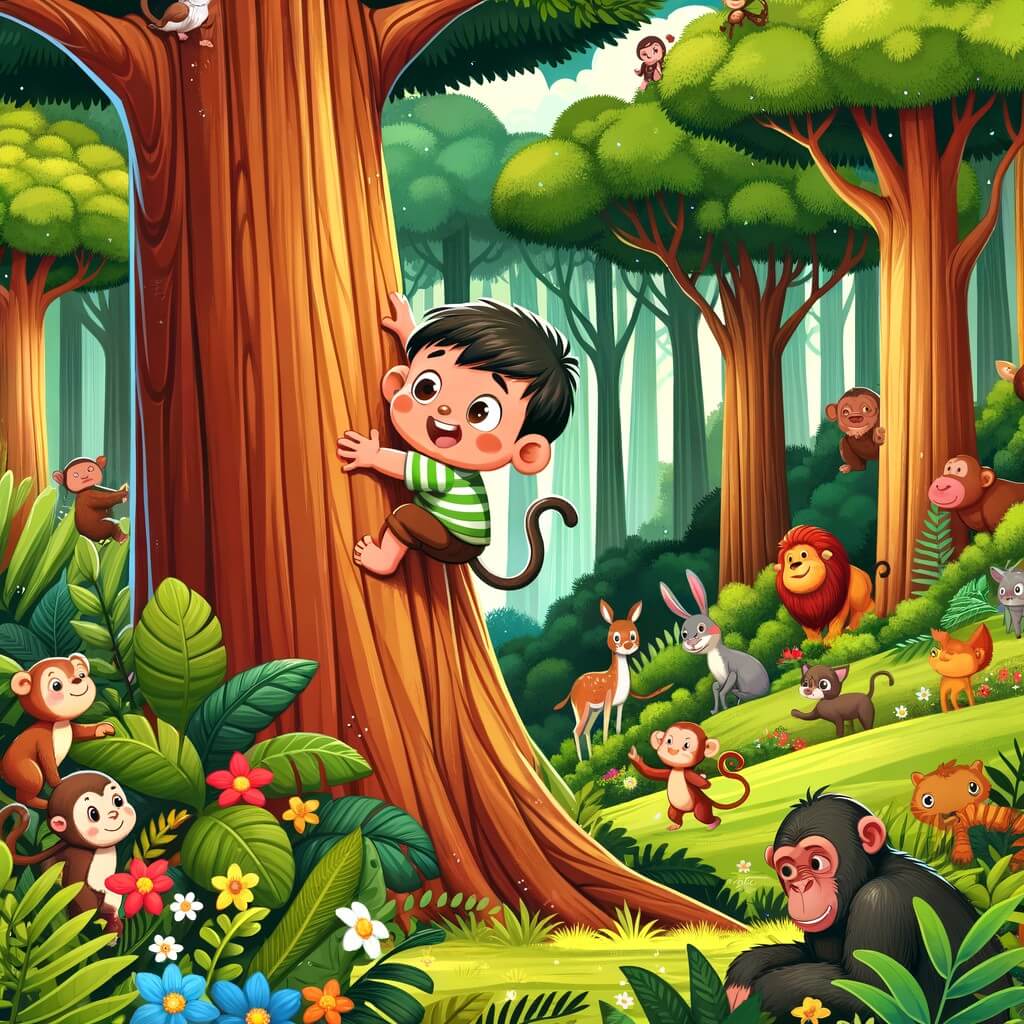 Une illustration pour enfants représentant une petite guenon curieuse qui vit dans une grande forêt et qui décide d'escalader un arbre immense pour découvrir ce qu'il y a en haut, mais qui se blesse en descendant.
