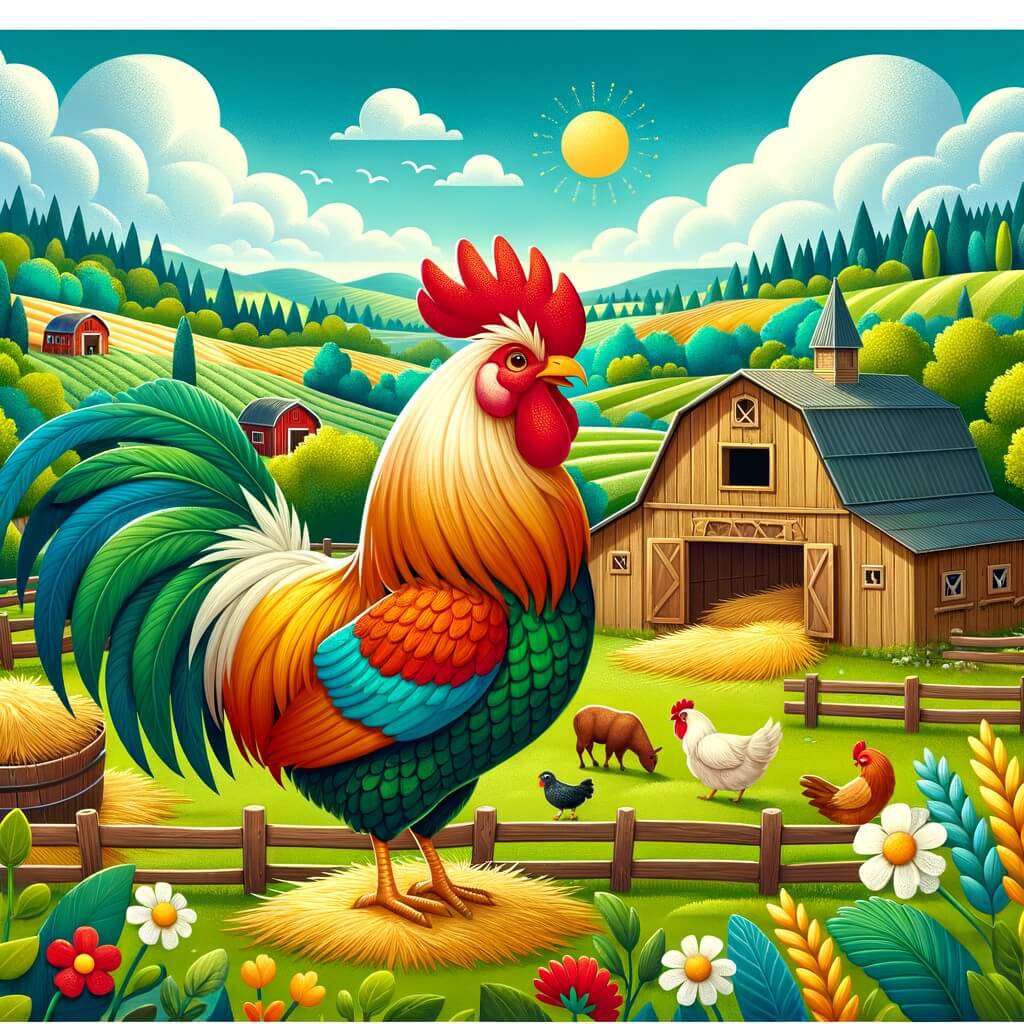 Une illustration destinée aux enfants représentant un fier coq aux plumes éclatantes, confronté à la famine dans une ferme pittoresque entourée de vastes champs verdoyants et d'une magnifique forêt.
