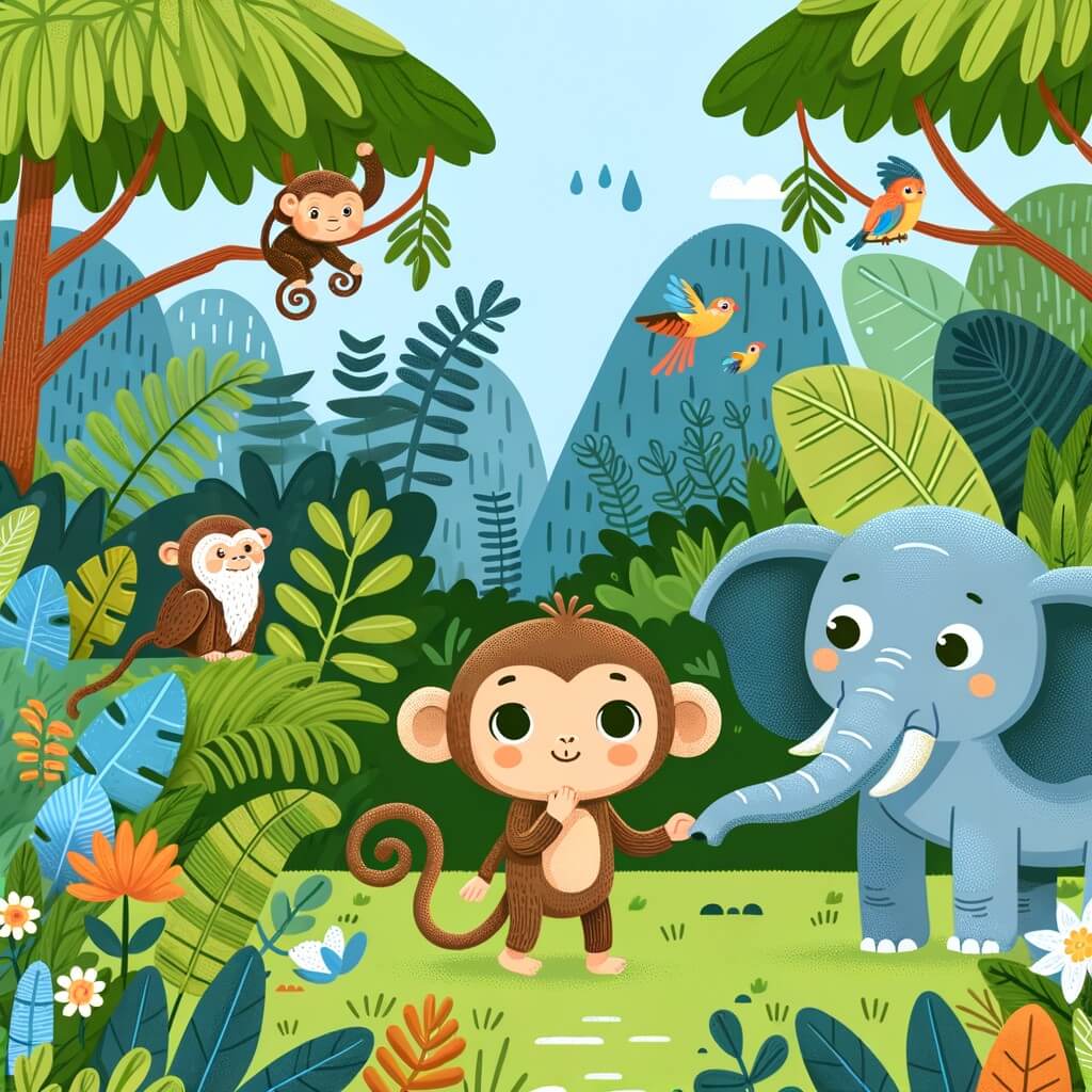 Une illustration destinée aux enfants représentant une petite guenon curieuse qui se perd dans la jungle luxuriante, accompagnée d'un gentil éléphant, dans un environnement foisonnant de végétation tropicale et d'animaux exotiques.
