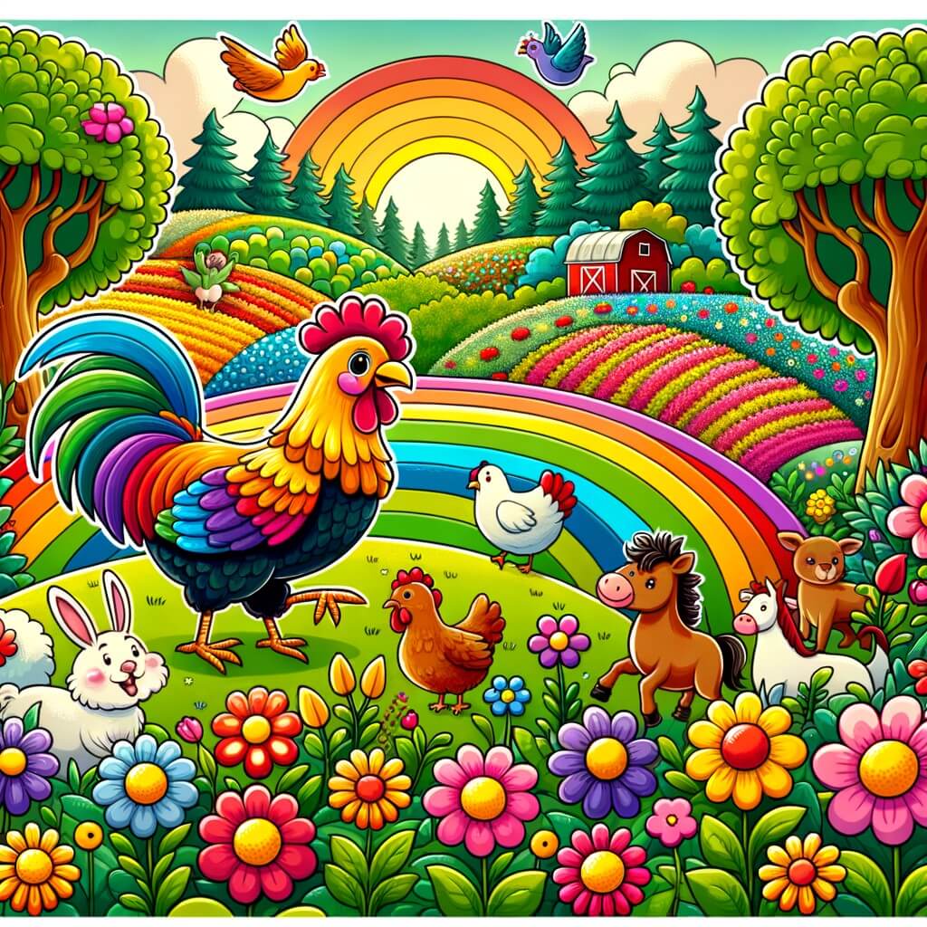 Une illustration destinée aux enfants représentant une poule au plumage coloré, vivant des aventures palpitantes avec ses amis animaux, dans une ferme verdoyante entourée de champs de fleurs multicolores et d'arbres majestueux.