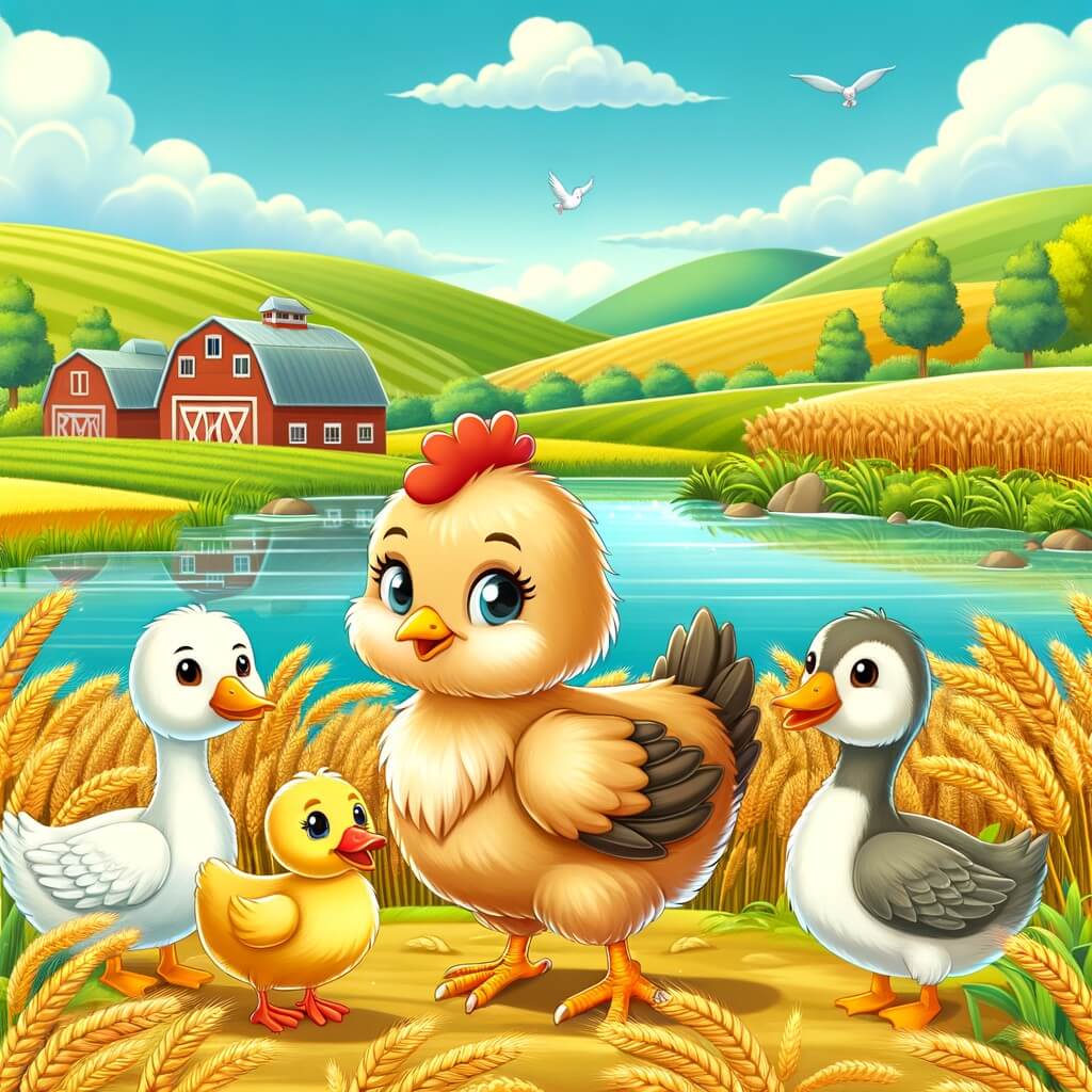 Une illustration pour enfants représentant une jolie petite poule, qui découvre un champ de blé verdoyant dans la ferme où elle vit avec ses amis.