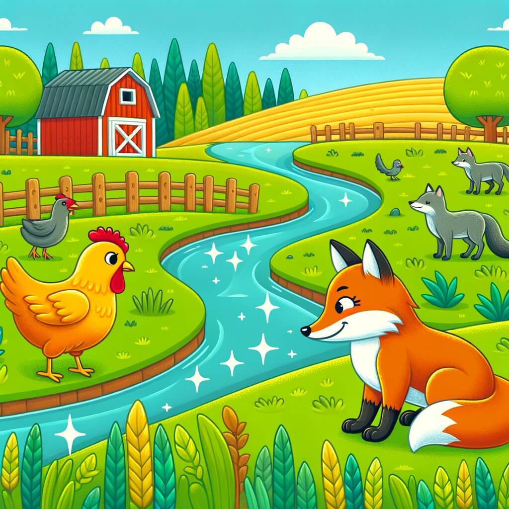Une illustration destinée aux enfants représentant une poule colorée et timide, confrontée à un renard rusé, dans une ferme pittoresque entourée de vastes champs verdoyants et d'une petite rivière scintillante.