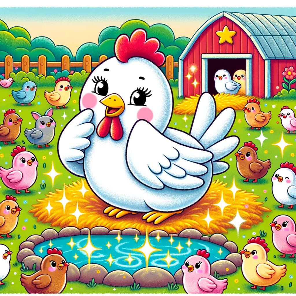 Une illustration destinée aux enfants représentant une jolie poule blanche, fière de sa beauté, se trouvant dans une ferme colorée avec des animaux joyeux entourant une petite mare scintillante.